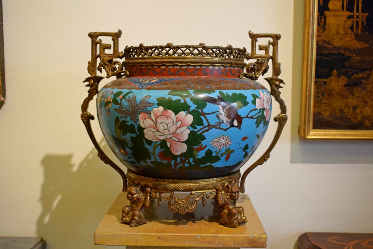 19th Century, French Cloisonné Vase On Gilded Bronze Base-photo-1