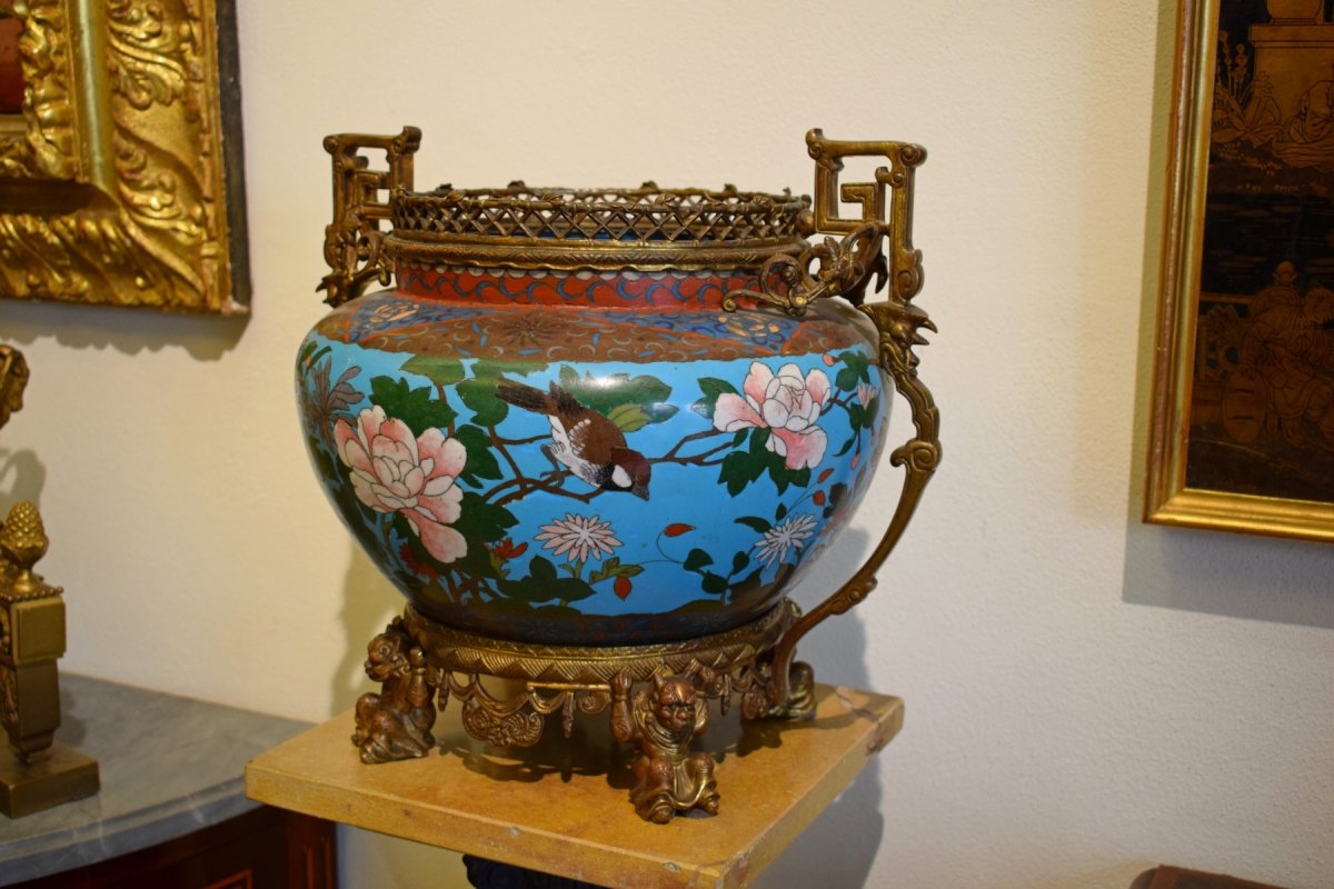 19th Century, French Cloisonné Vase On Gilded Bronze Base-photo-2