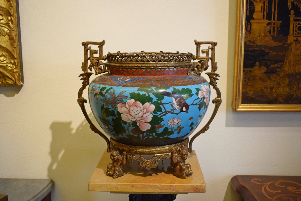 19th Century, French Cloisonné Vase On Gilded Bronze Base