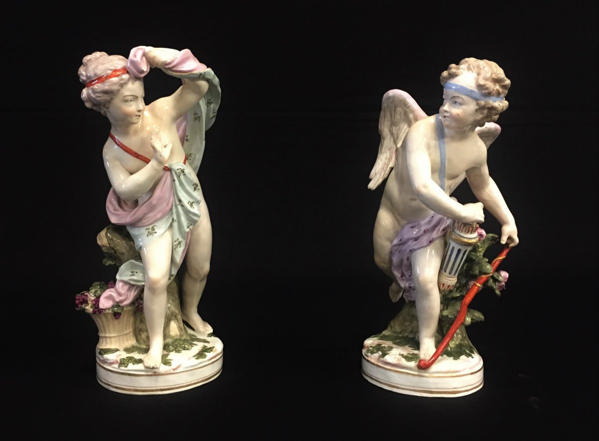 Couple De Sculptures En Porcelaine Polychrome Représentant Amour Et Psyché, France XIXe Siècle-photo-2