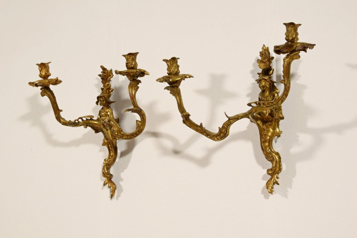 Paire D’appliques En Bronze Doré Avec Des Figures De Chinois, France XIX Siècle-photo-3