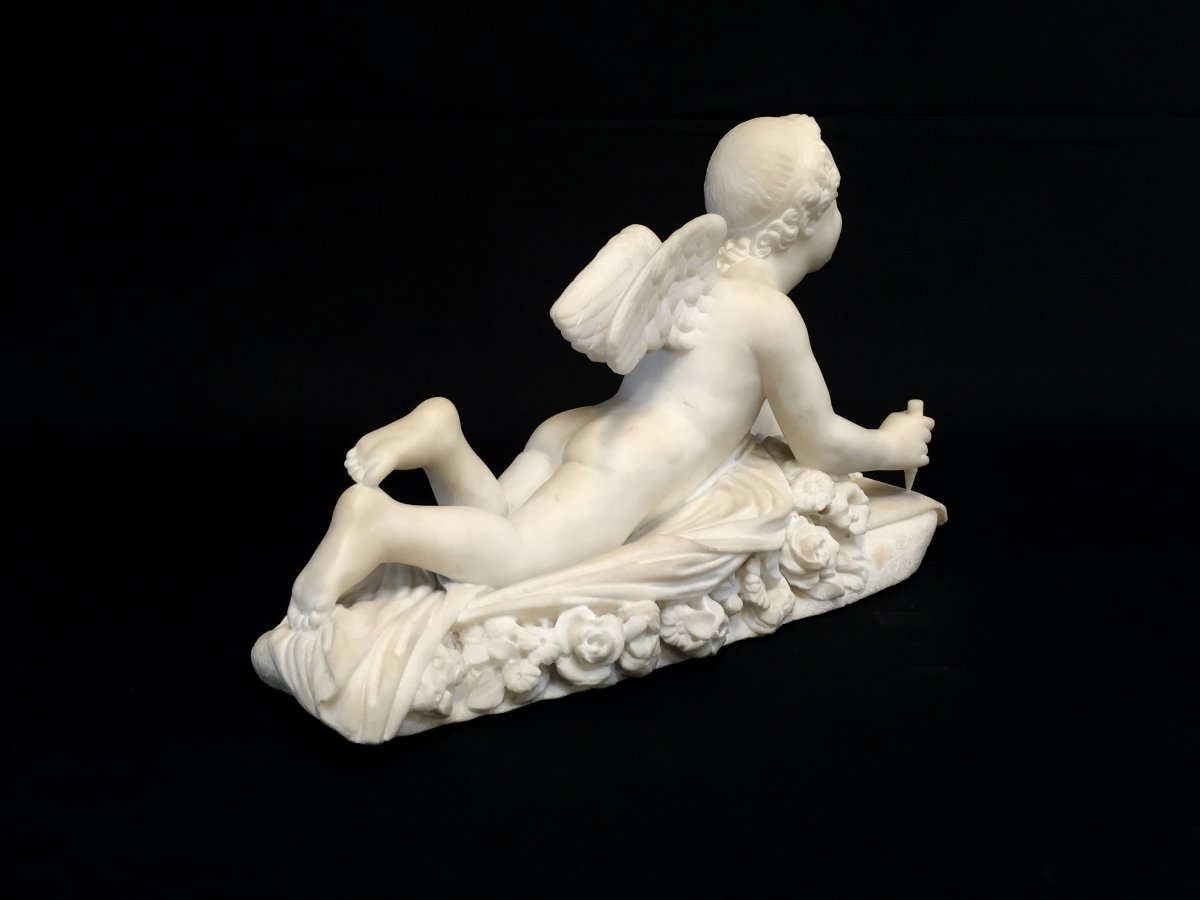 Sculpture En Marbre Blanc, Signée Pompeo Marchesi, Cupidon Qui écrit, 1840-photo-3