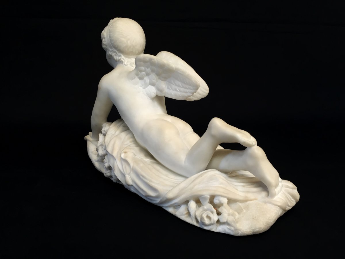 Sculpture En Marbre Blanc, Signée Pompeo Marchesi, Cupidon Qui écrit, 1840-photo-1