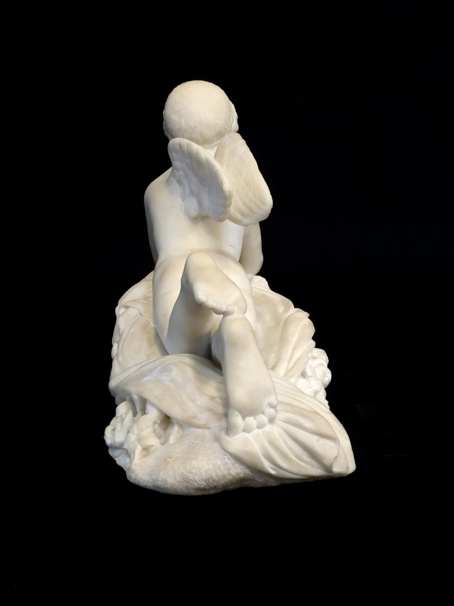 Sculpture En Marbre Blanc, Signée Pompeo Marchesi, Cupidon Qui écrit, 1840-photo-2