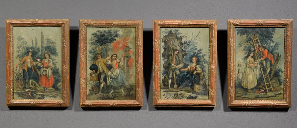 19th Century Four Italian Oil On Panel Paintings With Allegory Of The Four Elements