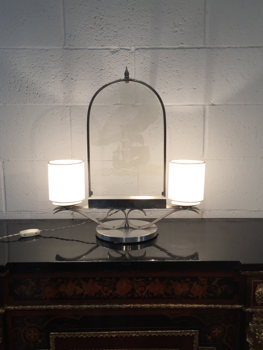 20th Century, Two-light Metal And Glass Lamp -photo-3