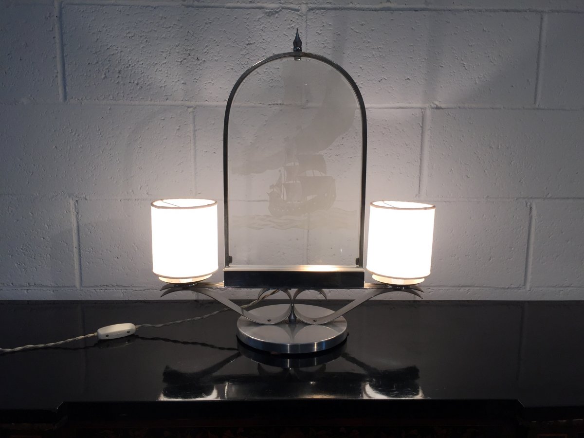 20th Century, Two-light Metal And Glass Lamp 