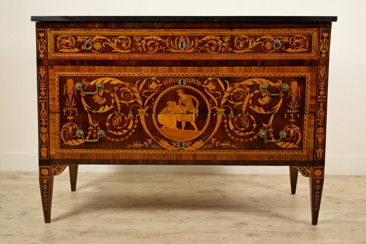 Commode Néoclassique Finement Marquetée, Plateau En Marbre, Italie, Fin XVIII Siècle