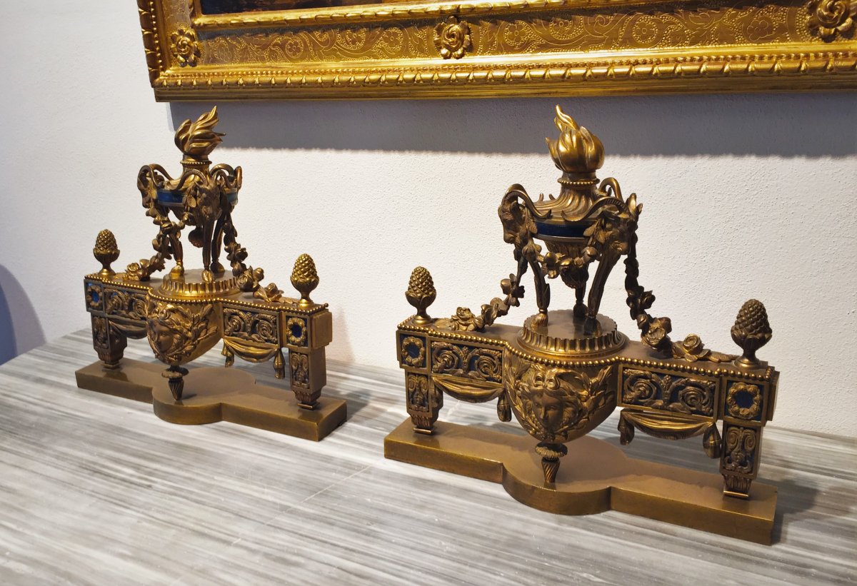 19th Century, Pair Of French Gilt Bronze Fireplace Chenets-photo-2