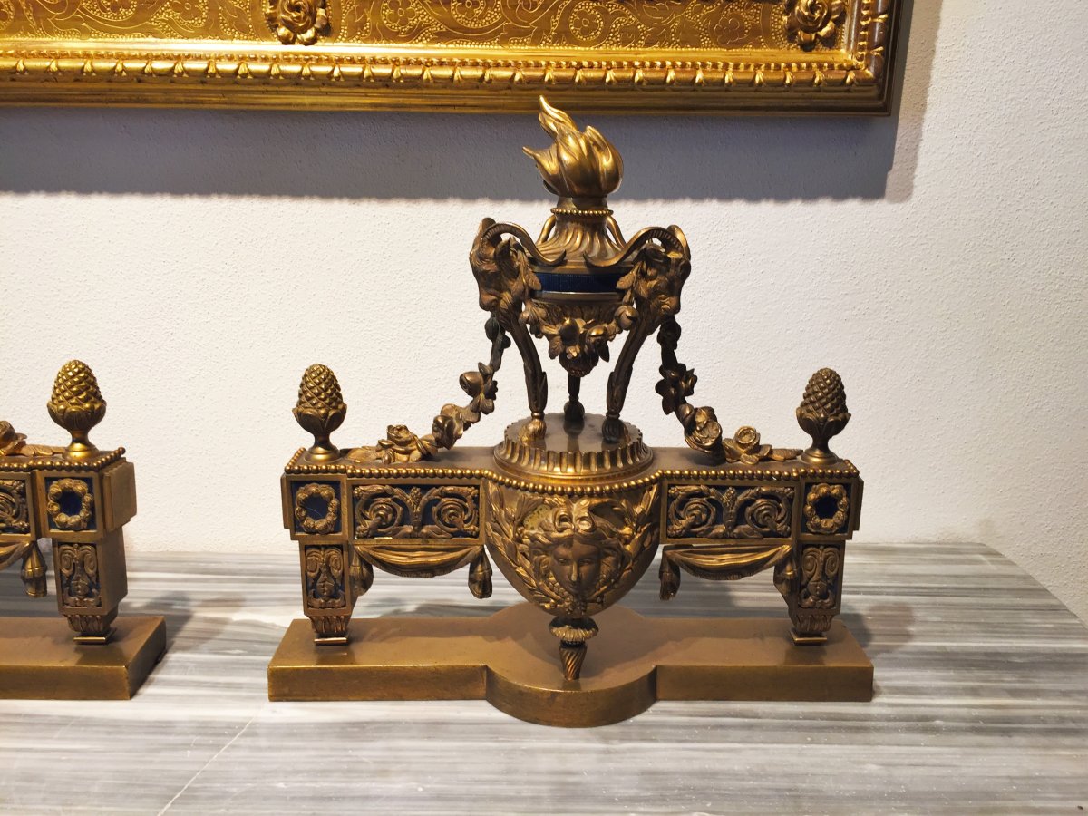 19th Century, Pair Of French Gilt Bronze Fireplace Chenets-photo-4