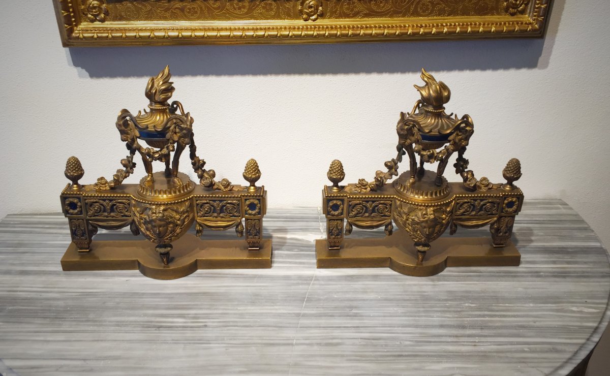 19th Century, Pair Of French Gilt Bronze Fireplace Chenets-photo-1