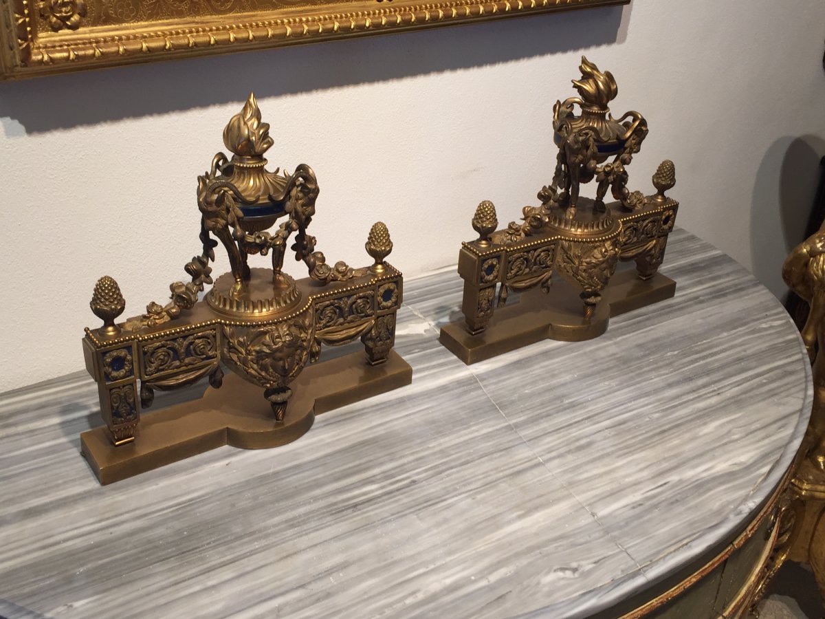 19th Century, Pair Of French Gilt Bronze Fireplace Chenets-photo-2