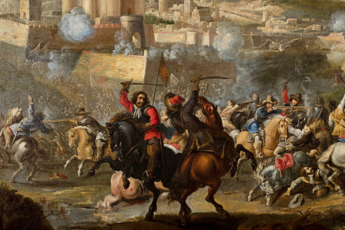 Marzio Masturzo, Battle Between Cavalry And Vessels, Oil On Canvas, Italy 18th Century-photo-3