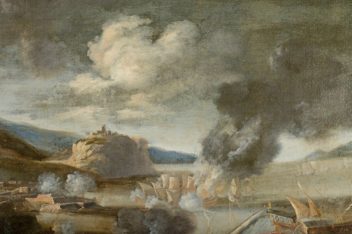 Marzio Masturzo, Battle Between Cavalry And Vessels, Oil On Canvas, Italy 18th Century-photo-1