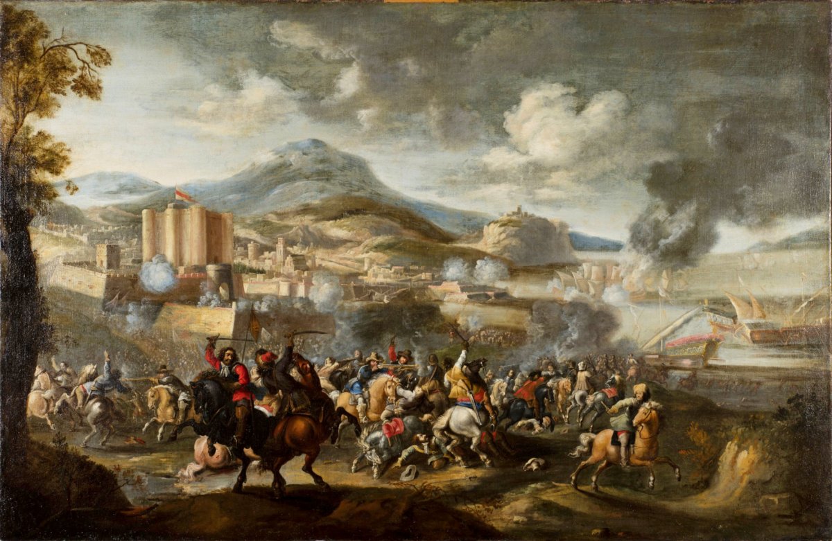 Marzio Masturzo, Battle Between Cavalry And Vessels, Oil On Canvas, Italy 18th Century