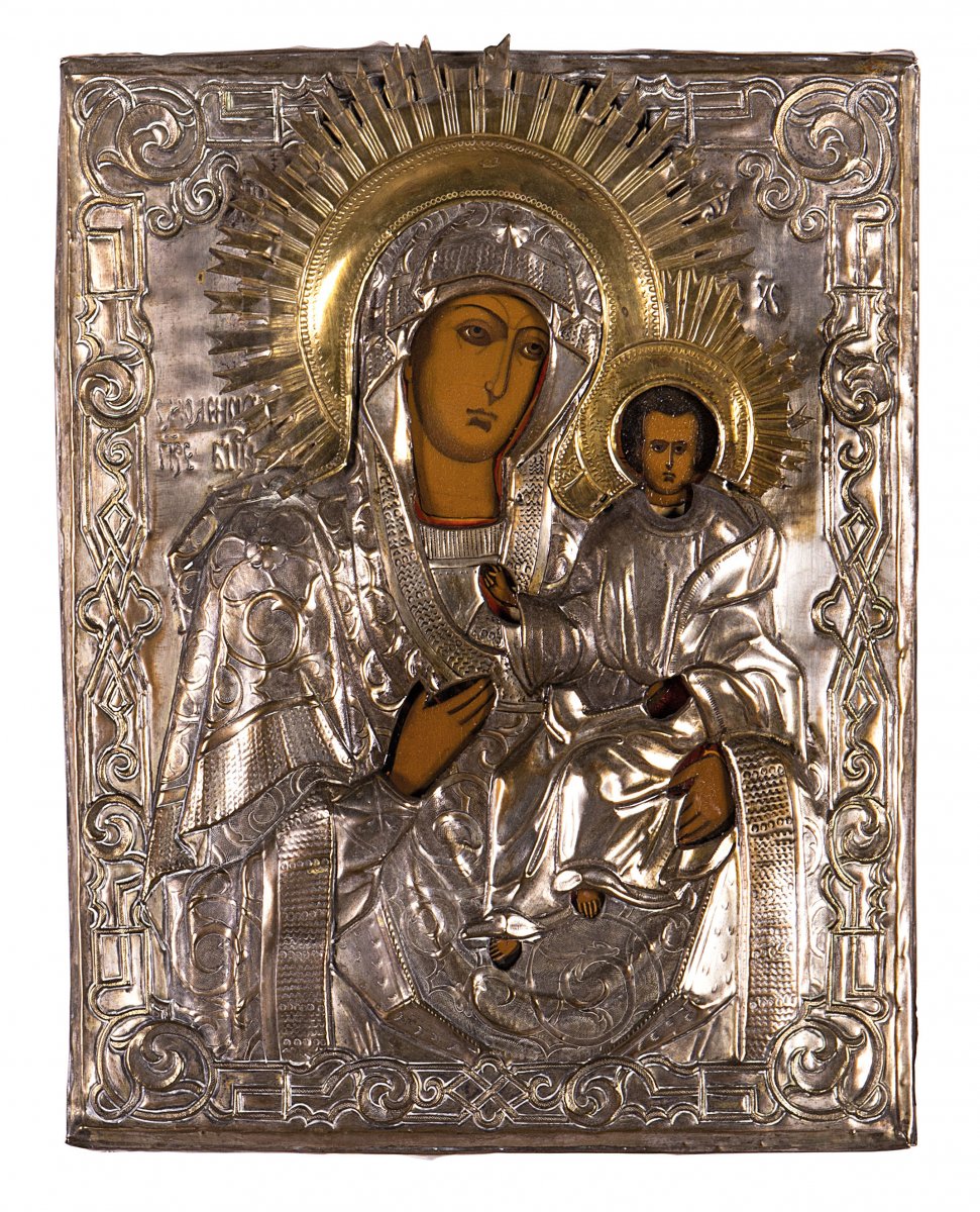  19th Century, Icon With The Madonna And Child, Painting On Wood And Silver Copper Coating