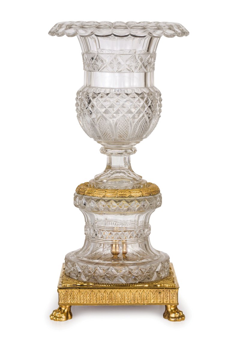 Vase Central En Cristal Meulé Et Bronze Doré, France, Début XIXe Siècle