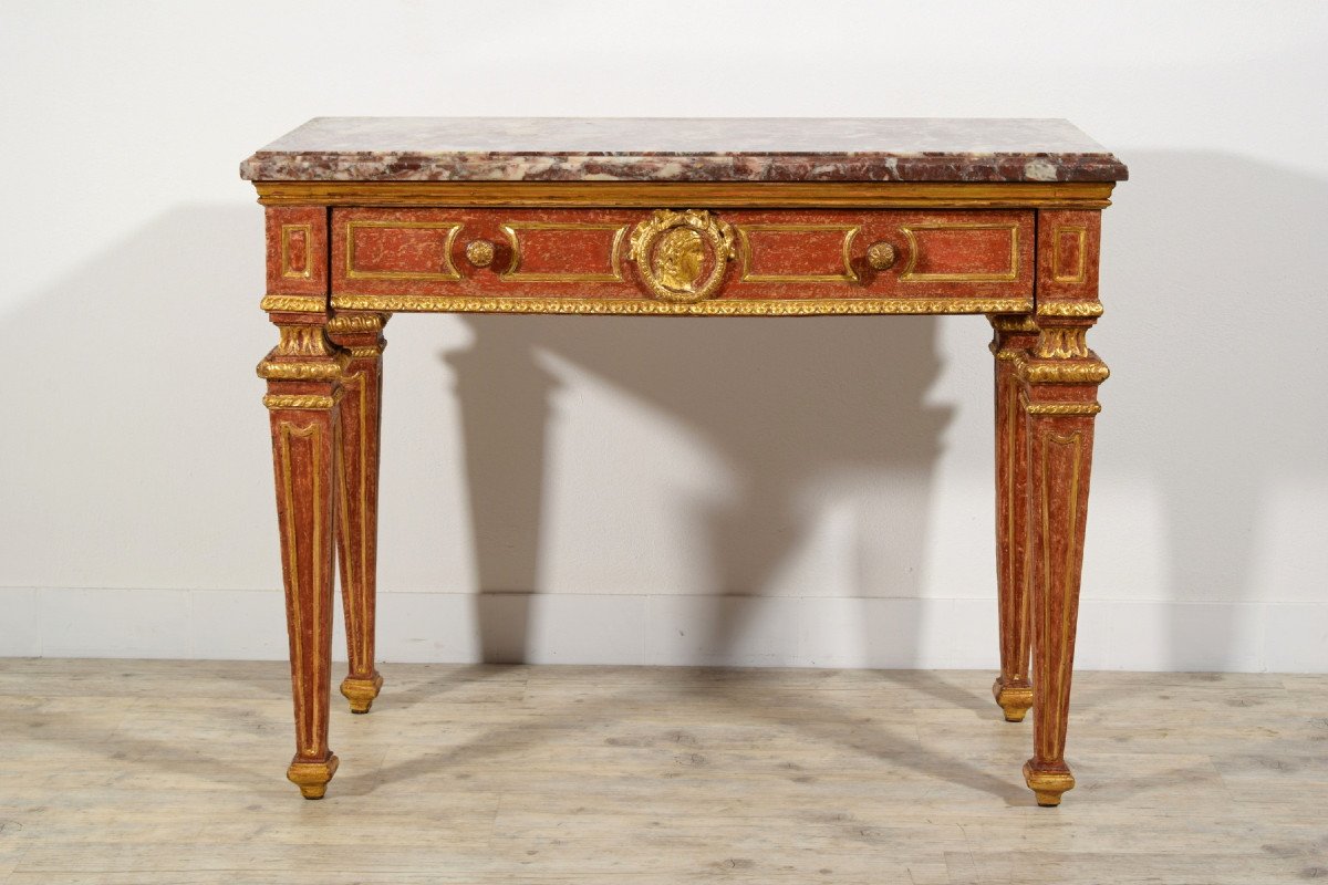 Carved, Golden And Lacquered Wood Console With Red Background, Marble Top-photo-3