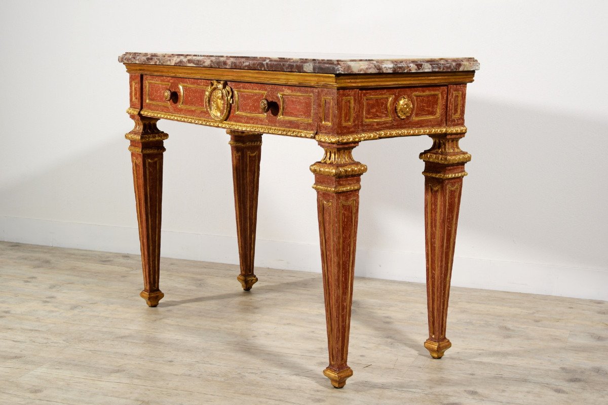 Carved, Golden And Lacquered Wood Console With Red Background, Marble Top-photo-4