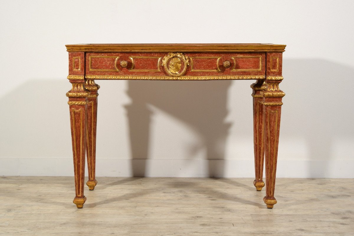 Carved, Golden And Lacquered Wood Console With Red Background, Marble Top-photo-7