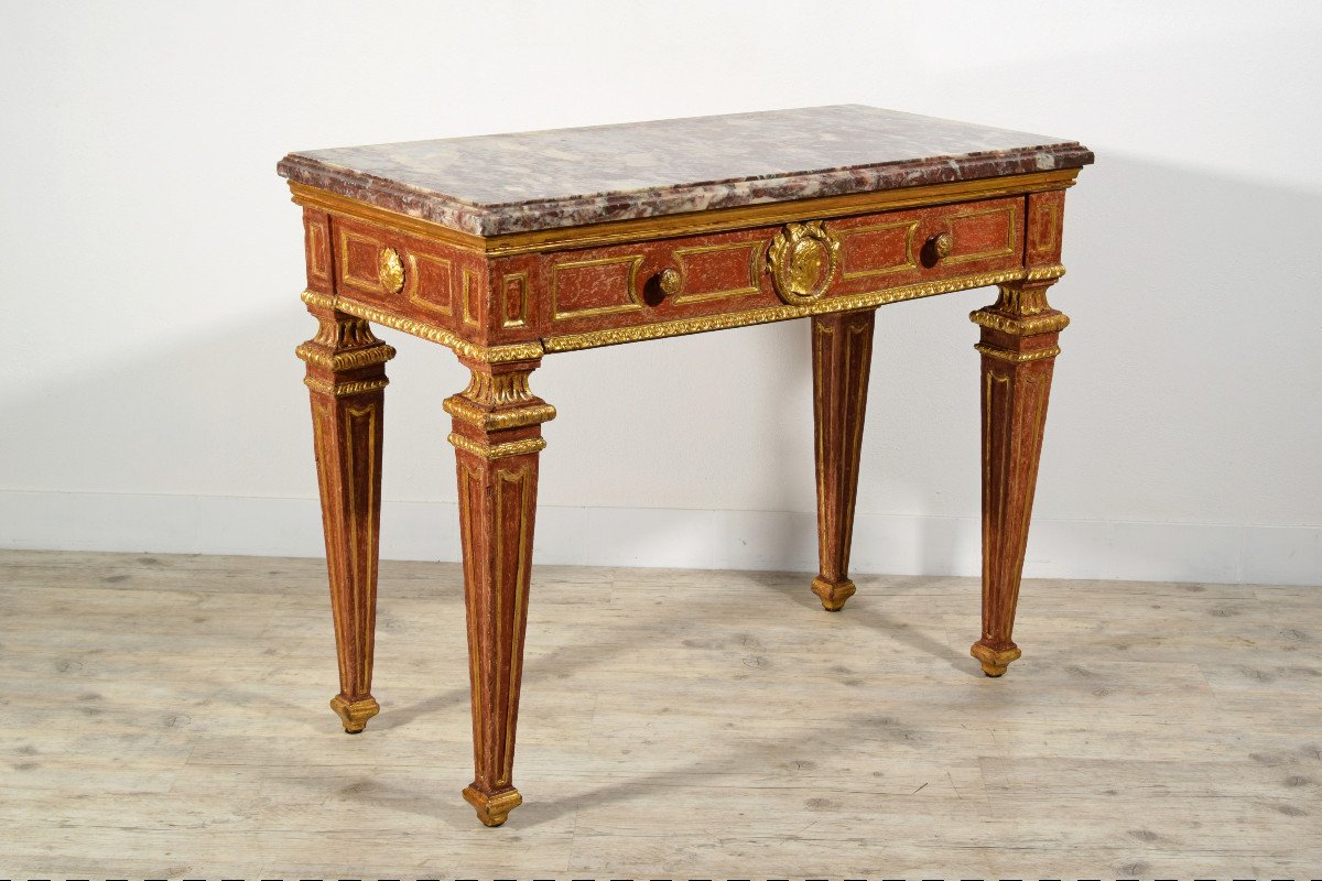 Carved, Golden And Lacquered Wood Console With Red Background, Marble Top