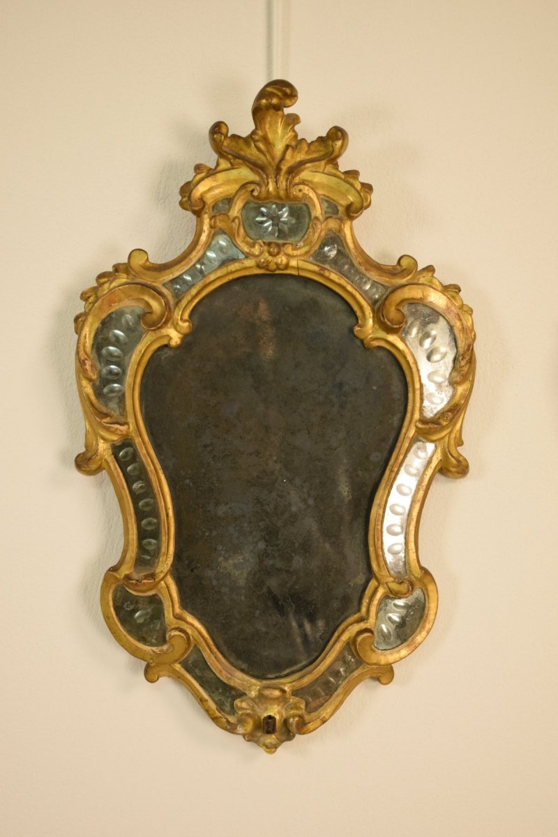Paire De Applique à Miroir Port Lumiere En Bois Doré, Turin, Epoque Louis XV, XVIIIe Siècle-photo-3