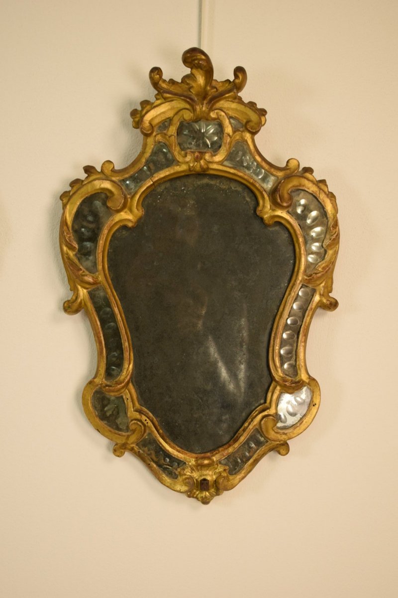 Paire De Applique à Miroir Port Lumiere En Bois Doré, Turin, Epoque Louis XV, XVIIIe Siècle-photo-4