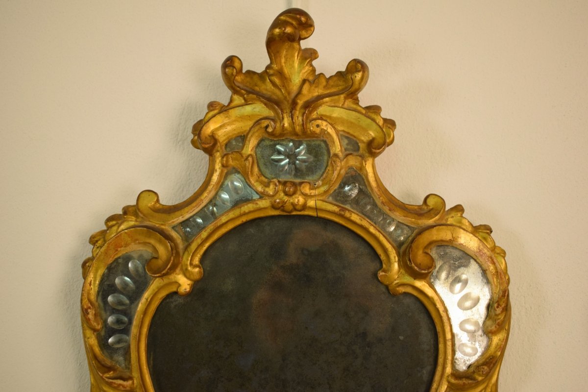 Paire De Applique à Miroir Port Lumiere En Bois Doré, Turin, Epoque Louis XV, XVIIIe Siècle-photo-2