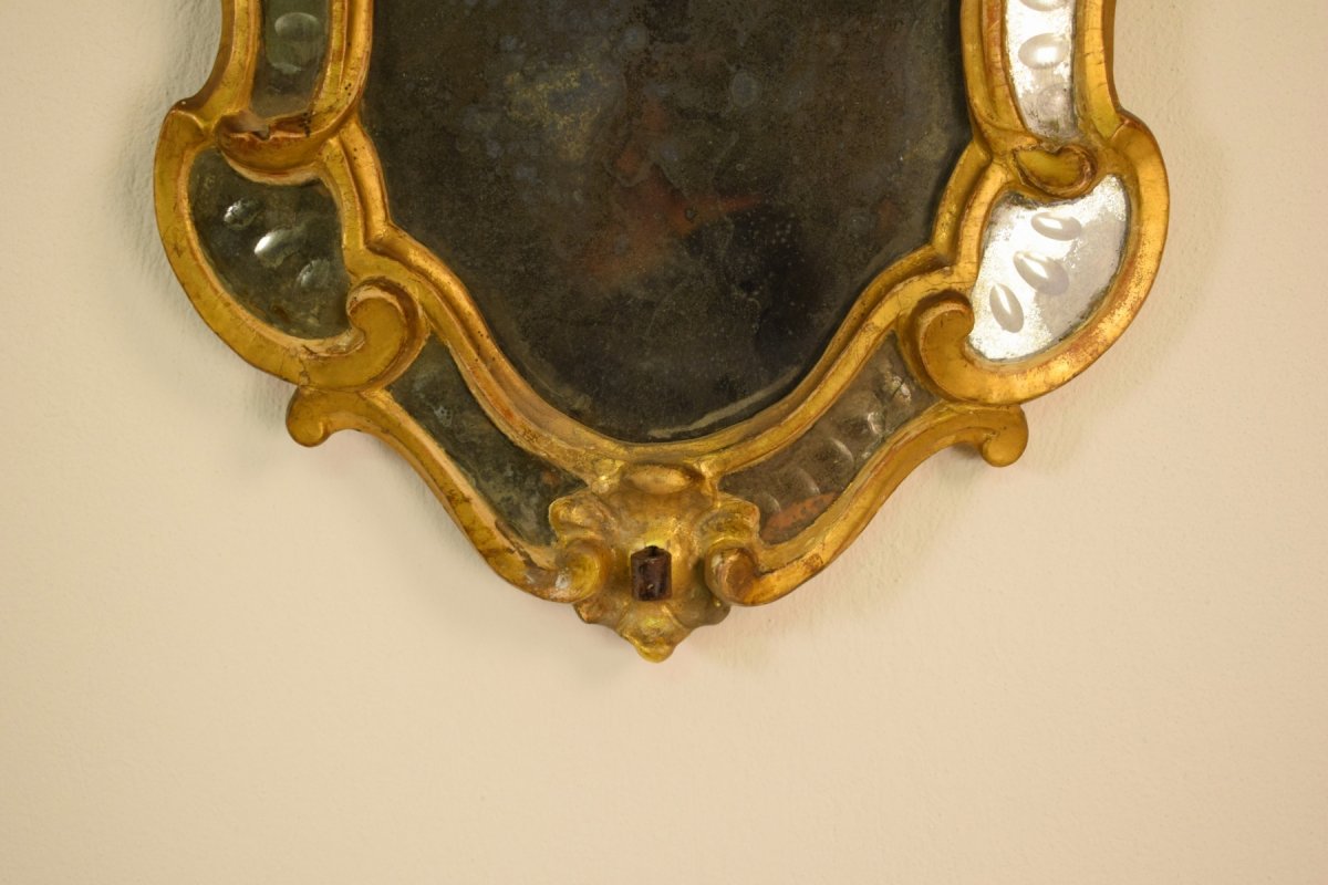 Paire De Applique à Miroir Port Lumiere En Bois Doré, Turin, Epoque Louis XV, XVIIIe Siècle-photo-3