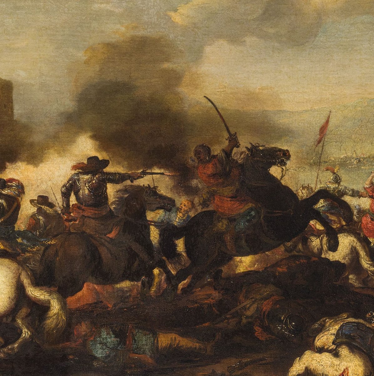 Antonio Calza (1653 - 1725) Battle Between Christian And Turkish Cavalry With Castle-photo-2