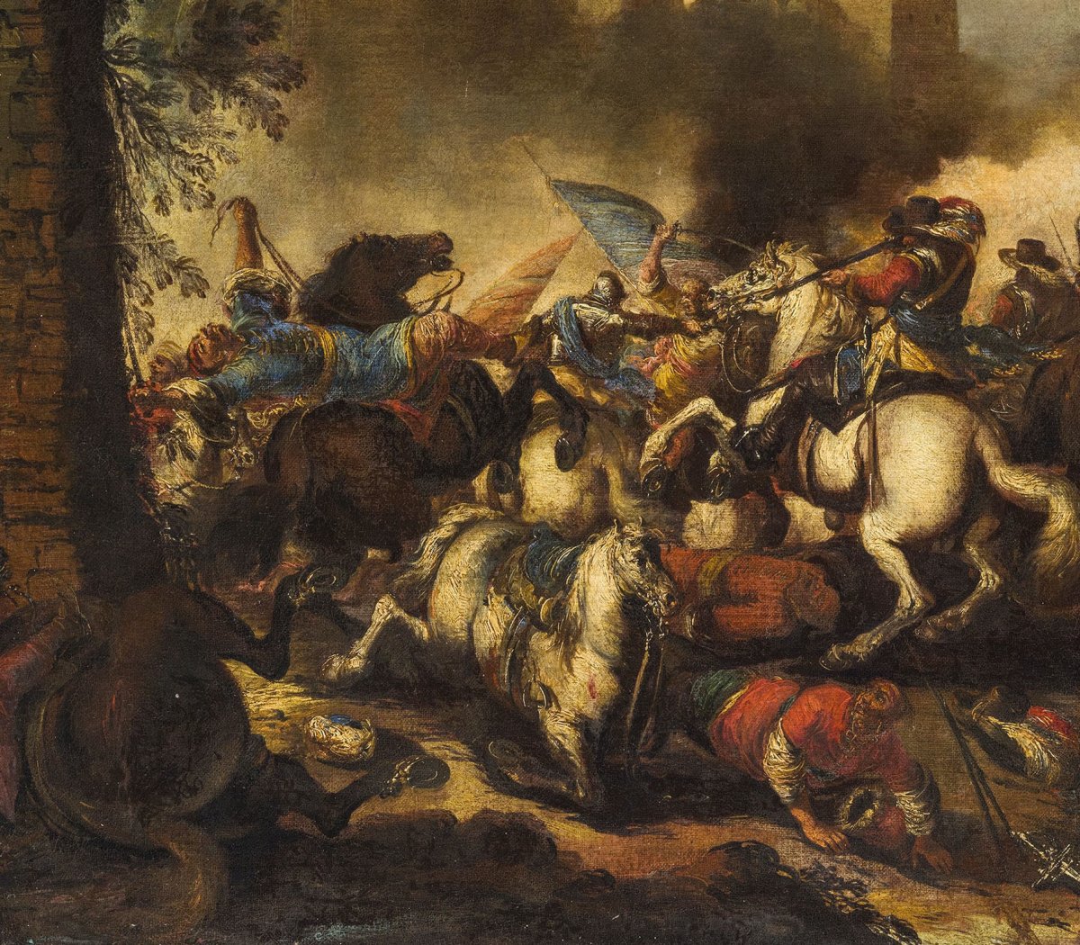 Antonio Calza (1653 - 1725) Battle Between Christian And Turkish Cavalry With Castle-photo-4