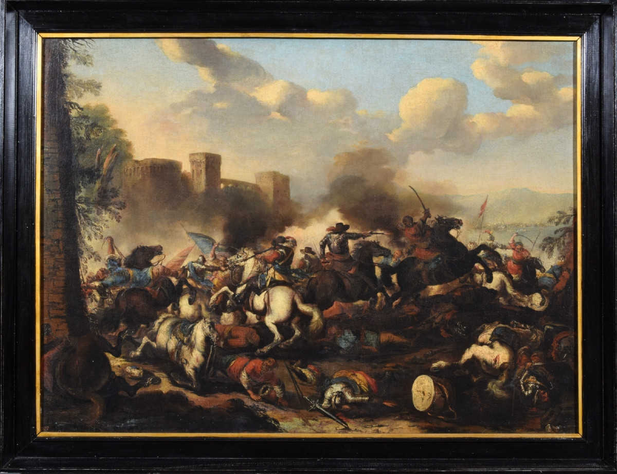 Antonio Calza (1653 - 1725) Battle Between Christian And Turkish Cavalry With Castle