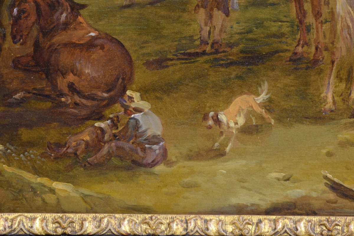18th Century Italian Oil On Panel Bambocciata By Jean Miel Follower-photo-5