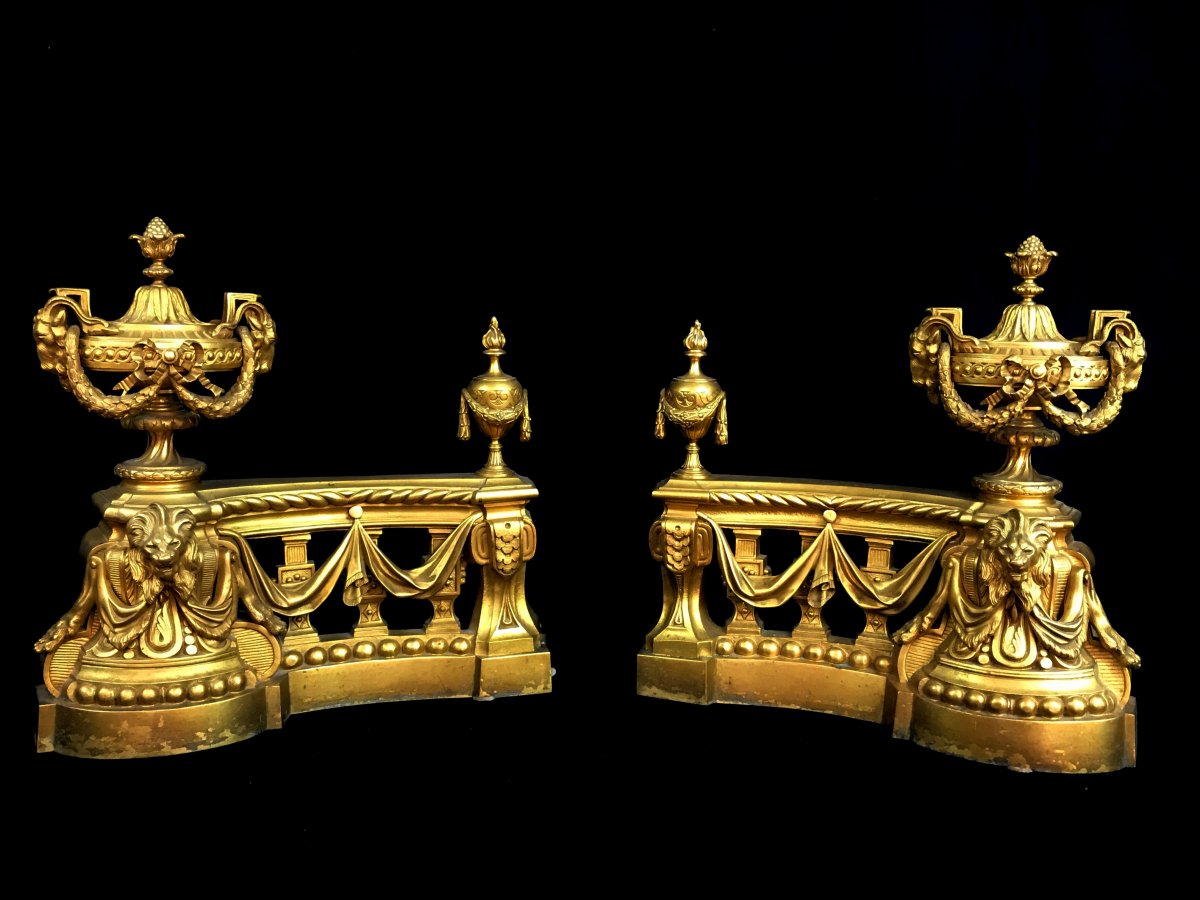 18th Century, Pair Of French Gilt Bronze Fireplace Chenets-photo-2