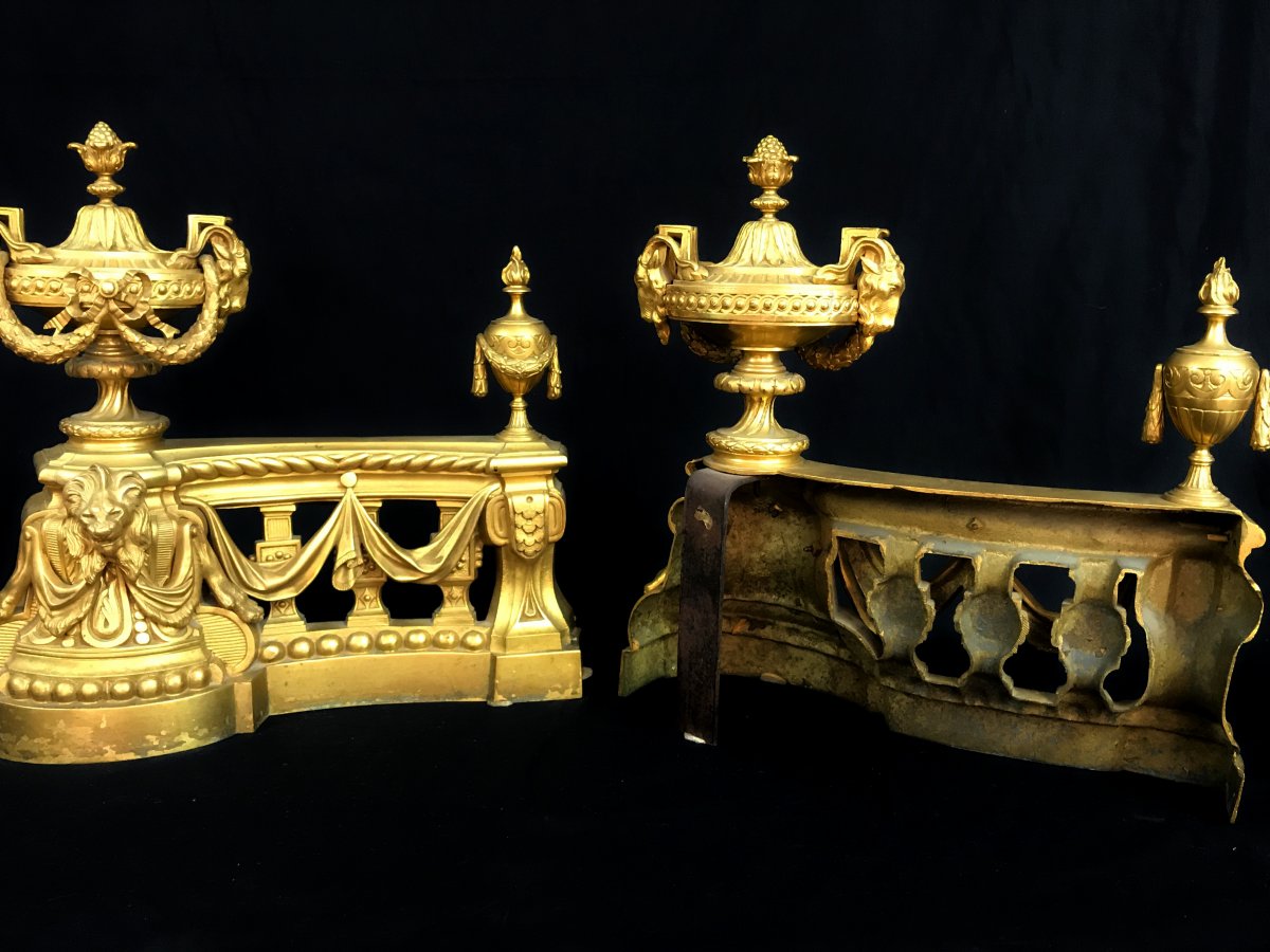 18th Century, Pair Of French Gilt Bronze Fireplace Chenets-photo-2