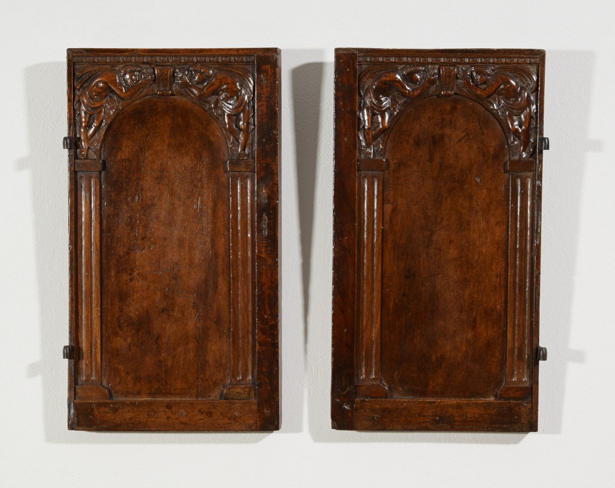Pair Of Small Carved Walnut Doors, 16th Century, Central Italy