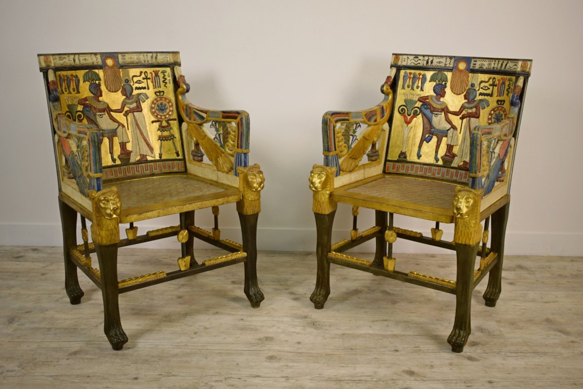 20th Century, Pair Of Lacquered Giltwood Armchairs In Egyptian Revival Style-photo-2