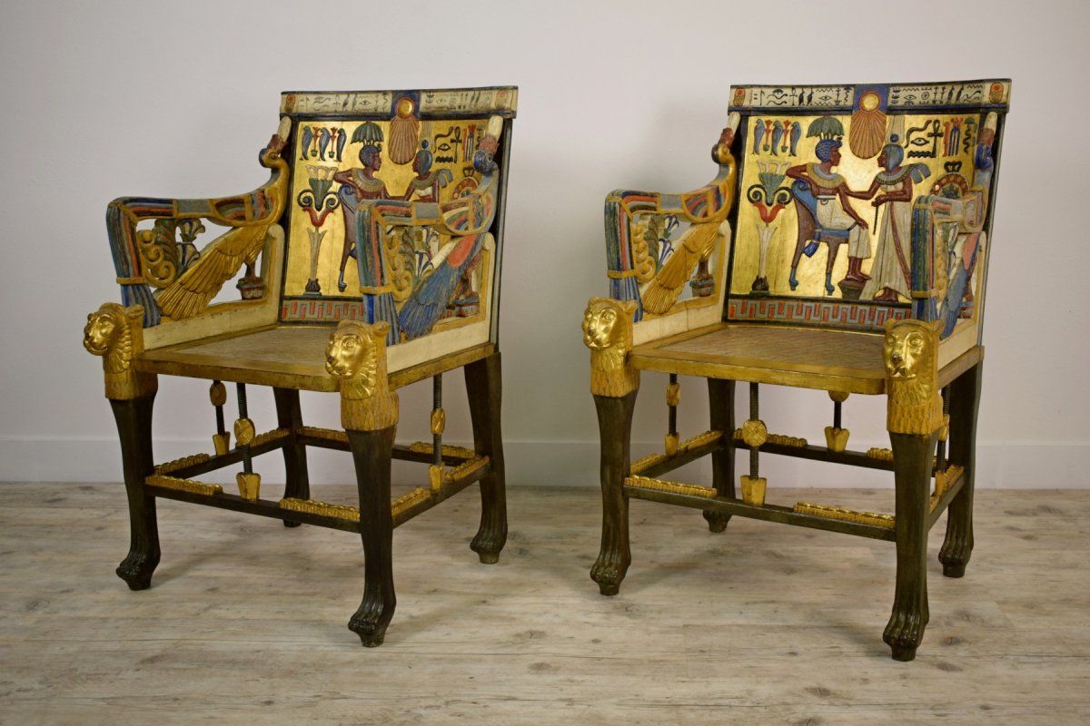 20th Century, Pair Of Lacquered Giltwood Armchairs In Egyptian Revival Style-photo-4