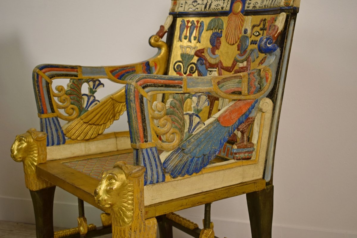 20th Century, Pair Of Lacquered Giltwood Armchairs In Egyptian Revival Style-photo-2