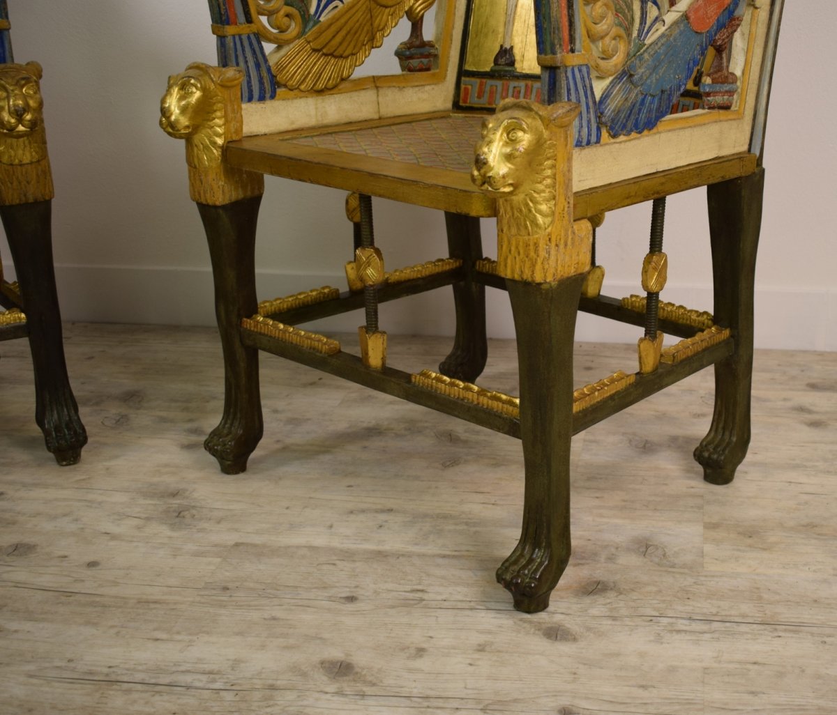 20th Century, Pair Of Lacquered Giltwood Armchairs In Egyptian Revival Style-photo-5