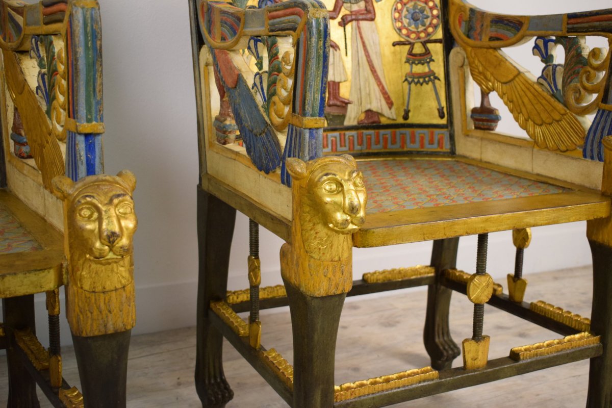 20th Century, Pair Of Lacquered Giltwood Armchairs In Egyptian Revival Style-photo-7