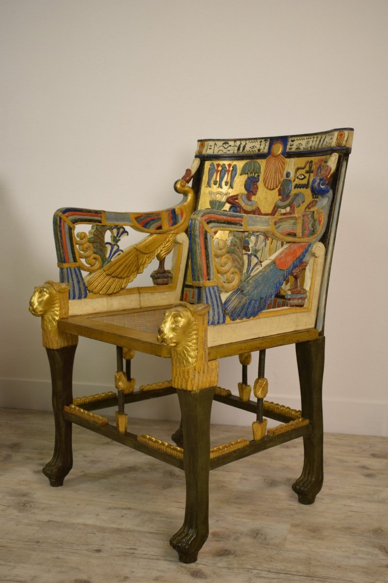 20th Century, Pair Of Lacquered Giltwood Armchairs In Egyptian Revival Style-photo-8