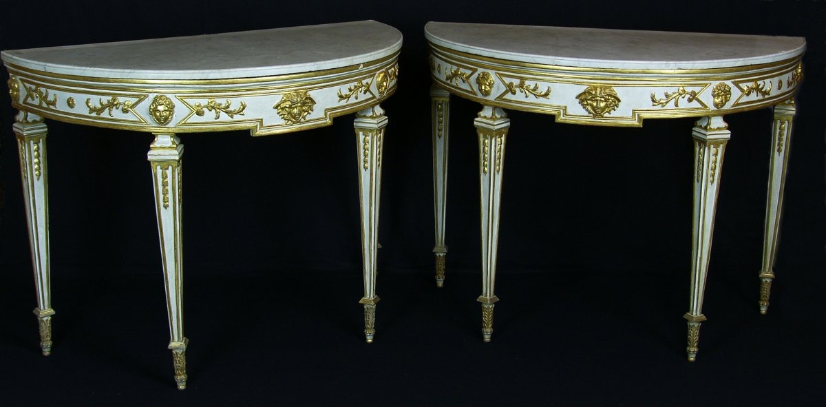 Couple De Demi-lune Console Néoclassique, Laquée Et Dorée, Italie XVIII Siècle-photo-2