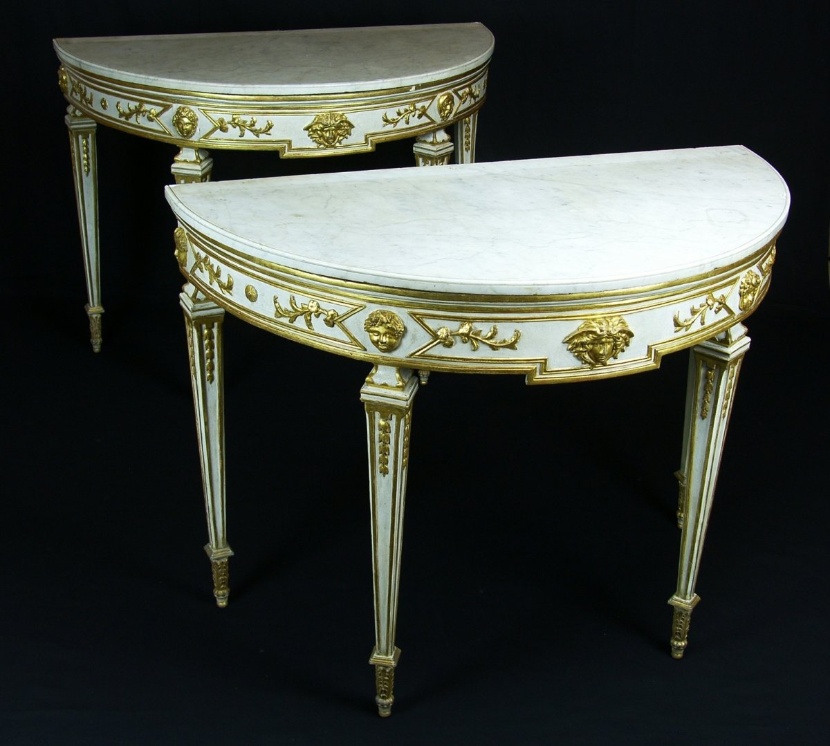 Couple De Demi-lune Console Néoclassique, Laquée Et Dorée, Italie XVIII Siècle-photo-4