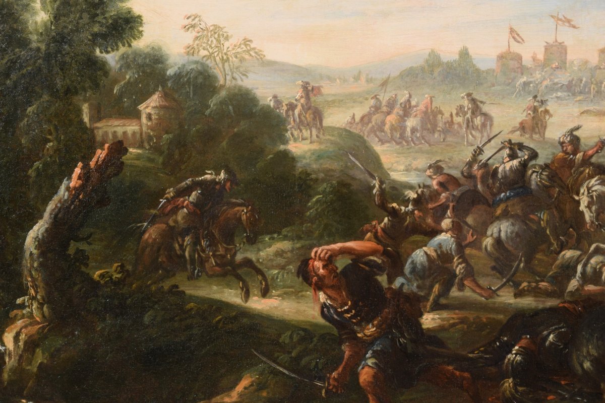 17th Century, Italian Oil On Canvas Painting With Battle Between Christian And Turkish Cavalry-photo-3