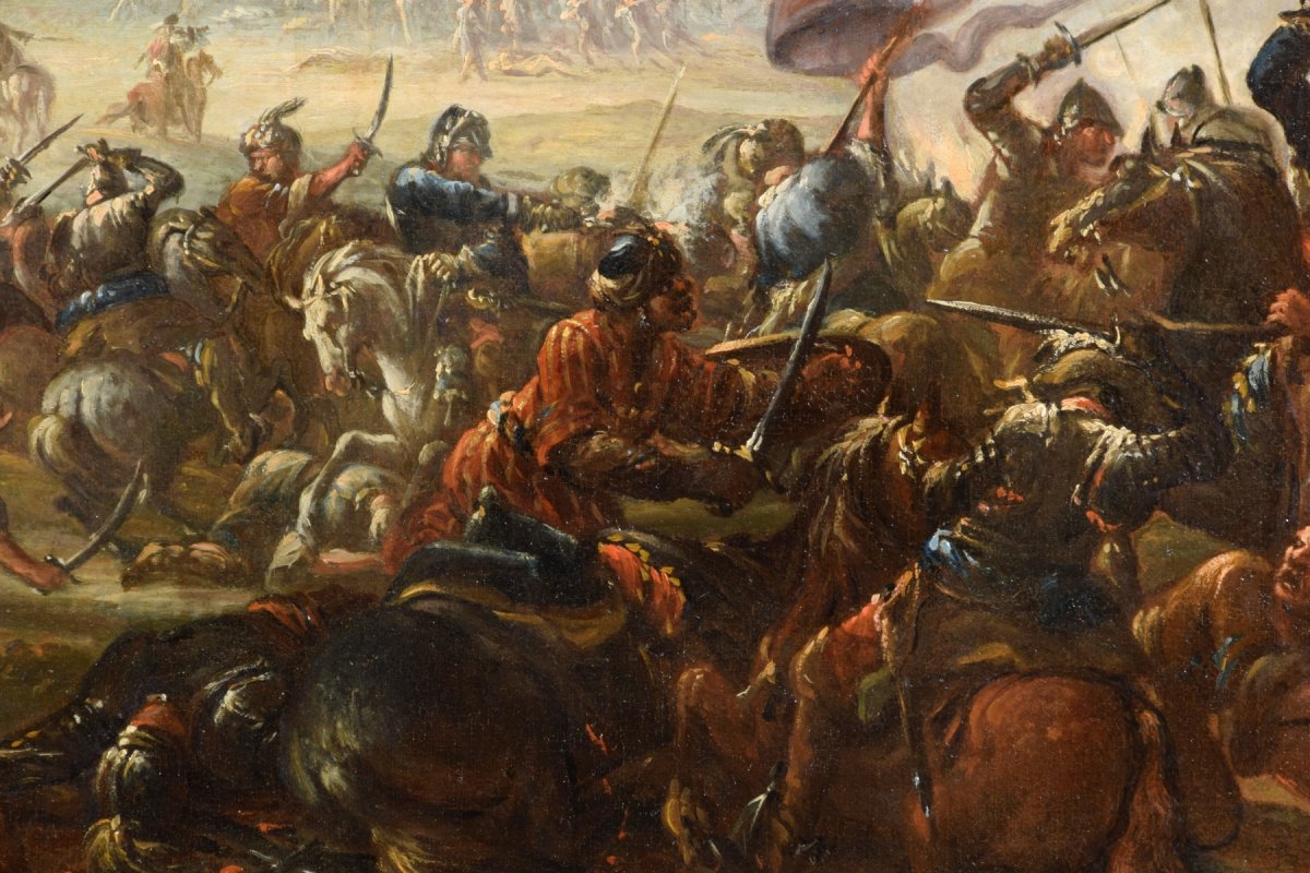 17th Century, Italian Oil On Canvas Painting With Battle Between Christian And Turkish Cavalry-photo-4