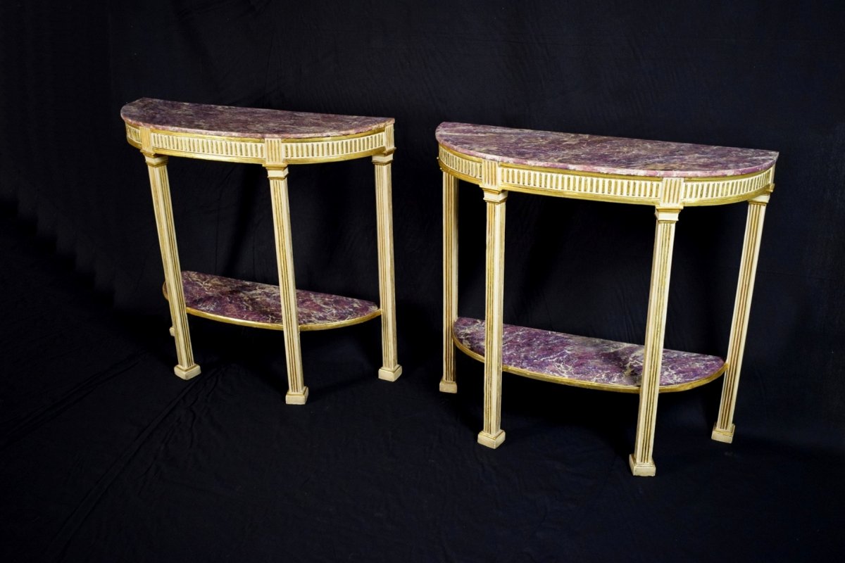 18th Century, Pair Of Italian Neoclassical Lacquered And Giltwood Consoles -photo-2