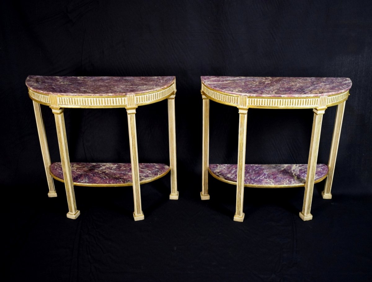 18th Century, Pair Of Italian Neoclassical Lacquered And Giltwood Consoles -photo-3