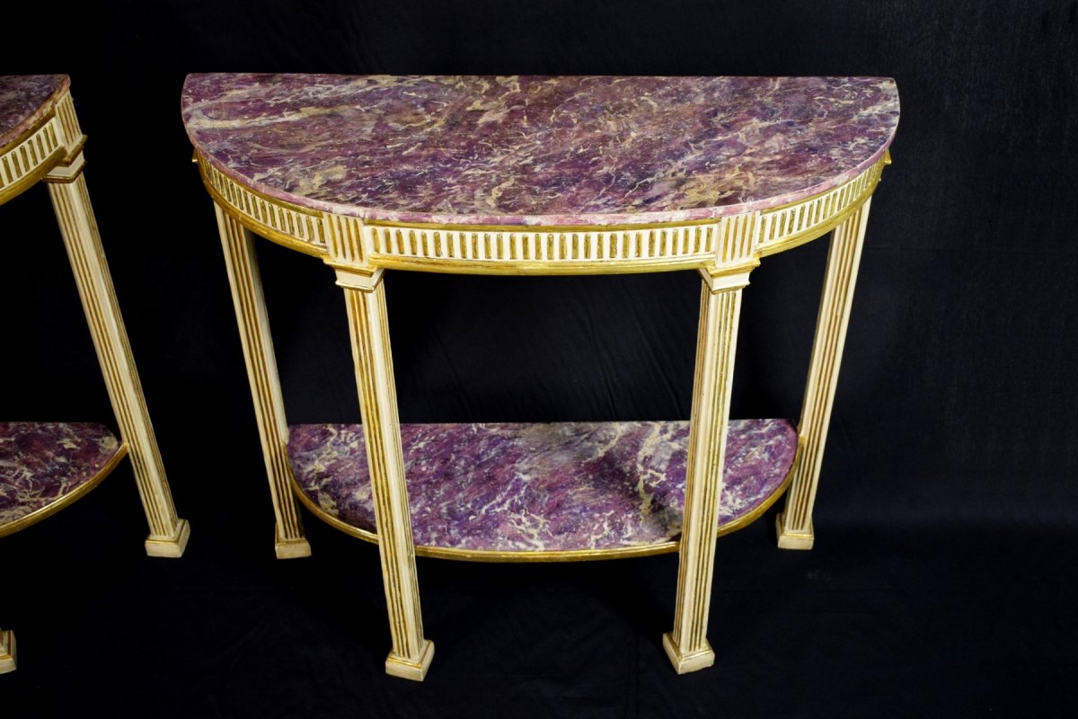 18th Century, Pair Of Italian Neoclassical Lacquered And Giltwood Consoles -photo-7