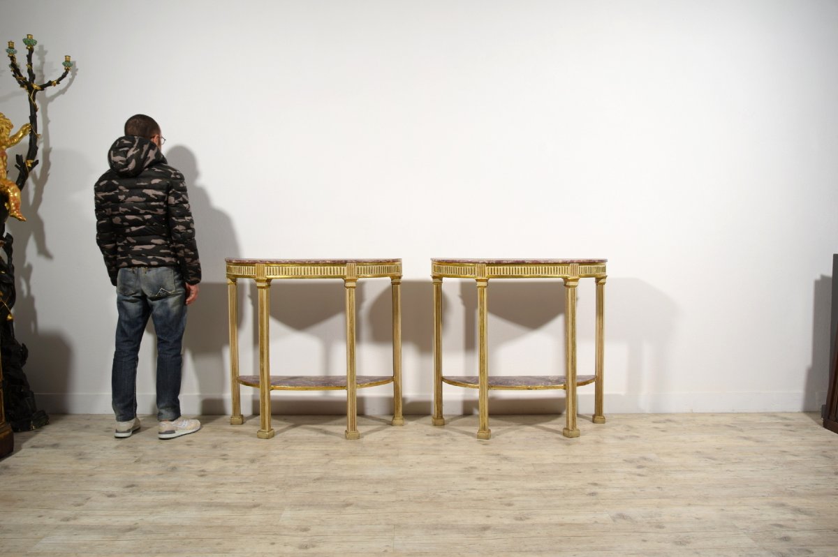 Couple De Consoles Néoclassiques En Bois Laqué Et Doré , Naples Fin XVIII-photo-5